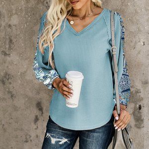SKY BLUE CONTRAST EYELET THERMAL KNIT TOP
